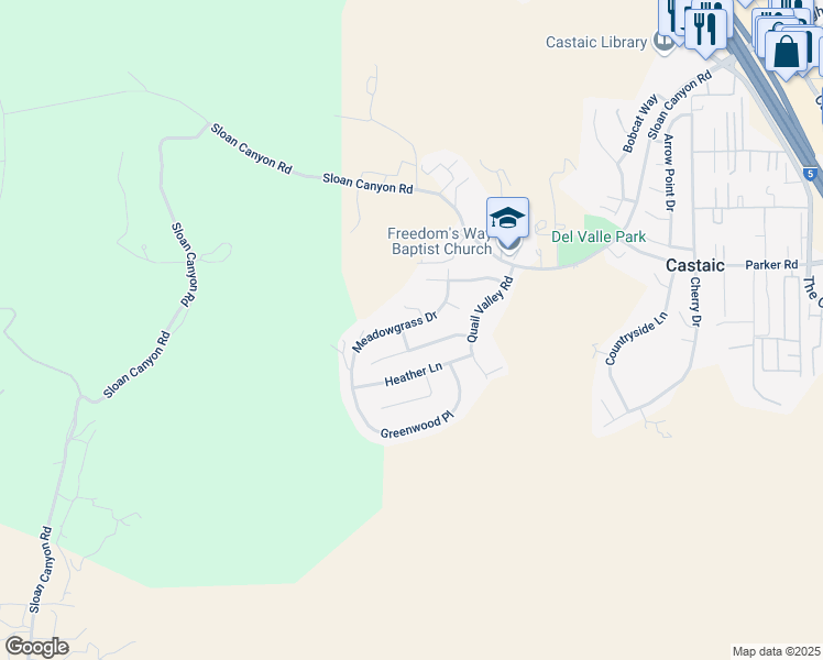 map of restaurants, bars, coffee shops, grocery stores, and more near 28666 Meadowgrass Drive in Castaic