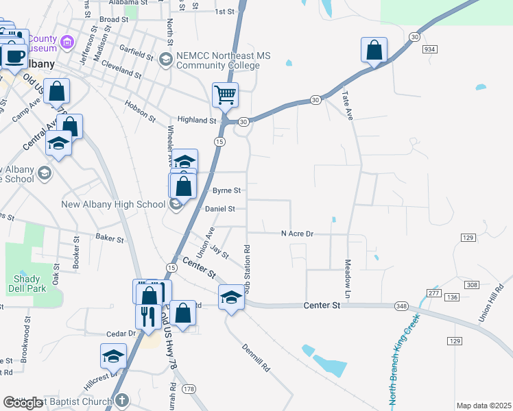 map of restaurants, bars, coffee shops, grocery stores, and more near 214 Sub Station Road in New Albany