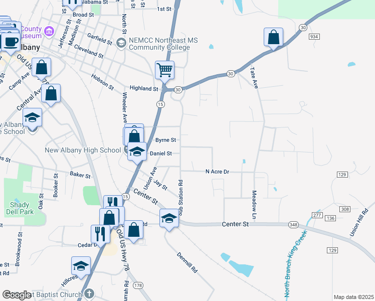 map of restaurants, bars, coffee shops, grocery stores, and more near 214 Sub Station Road in New Albany