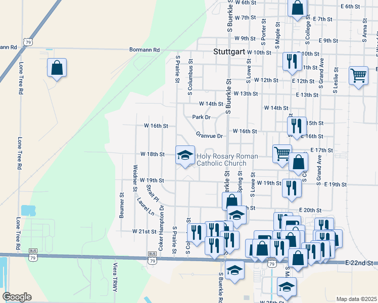 map of restaurants, bars, coffee shops, grocery stores, and more near 1815 South Prairie Street in Stuttgart