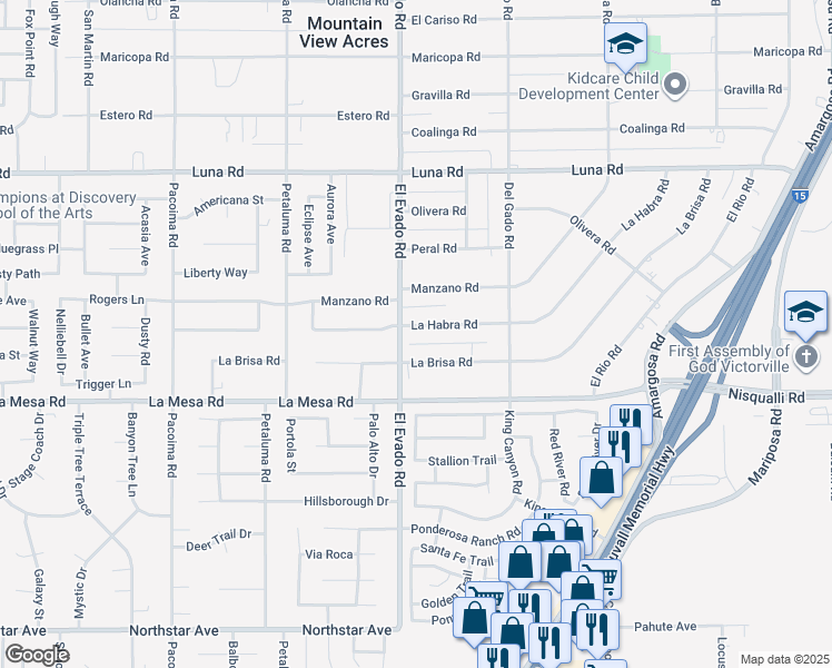 map of restaurants, bars, coffee shops, grocery stores, and more near 14529 La Habra Road in Victorville