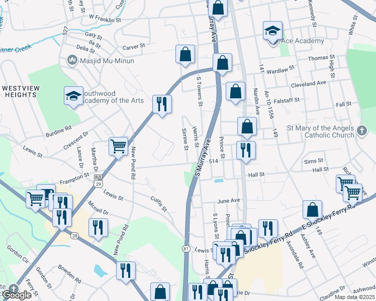 map of restaurants, bars, coffee shops, grocery stores, and more near 26 Sirrine Street in Anderson