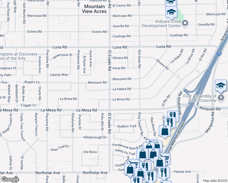 map of restaurants, bars, coffee shops, grocery stores, and more near 14529 La Habra Road in Victorville