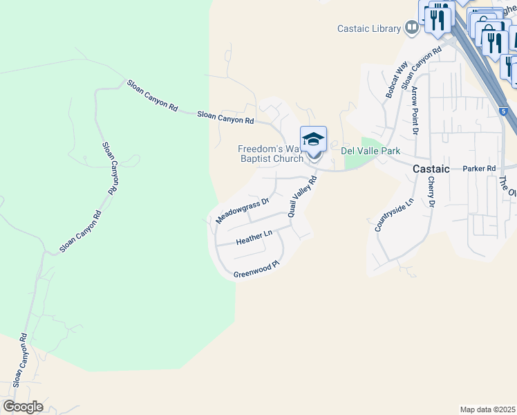 map of restaurants, bars, coffee shops, grocery stores, and more near 28658 Meadowgrass Drive in Castaic
