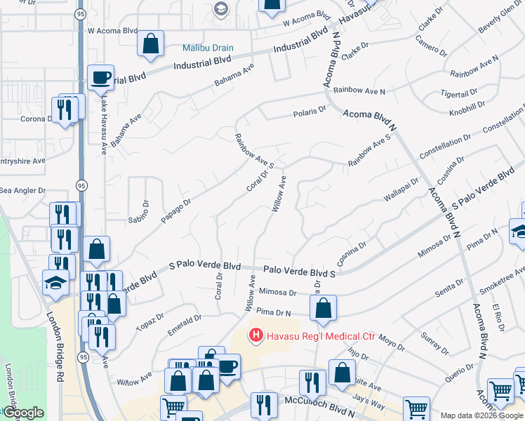 map of restaurants, bars, coffee shops, grocery stores, and more near 312 Chipeta Lane in Lake Havasu City