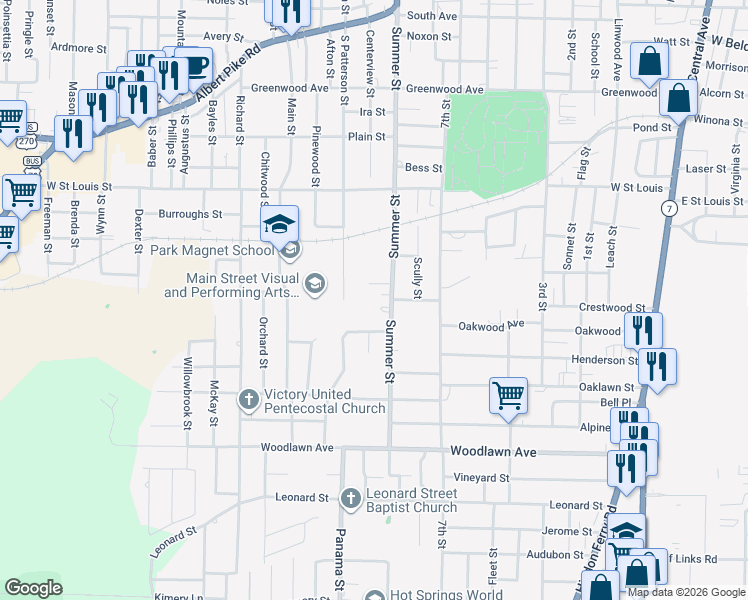map of restaurants, bars, coffee shops, grocery stores, and more near 202 Lester Street in Hot Springs