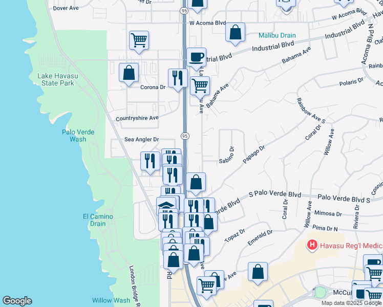 map of restaurants, bars, coffee shops, grocery stores, and more near 450 Sea Venture Drive in Lake Havasu City