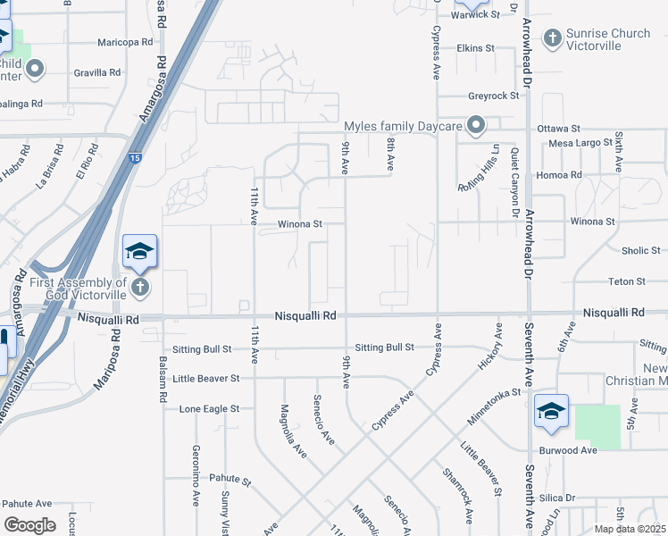 map of restaurants, bars, coffee shops, grocery stores, and more near 13011 Whispering Creek Way in Victorville