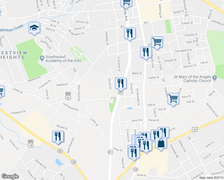 map of restaurants, bars, coffee shops, grocery stores, and more near 26 Sirrine Street in Anderson