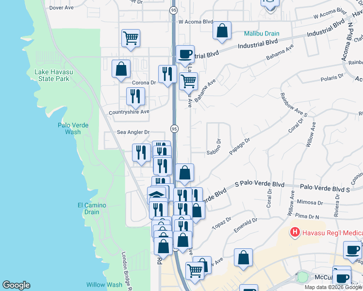 map of restaurants, bars, coffee shops, grocery stores, and more near 431 North Lake Havasu Avenue in Lake Havasu City