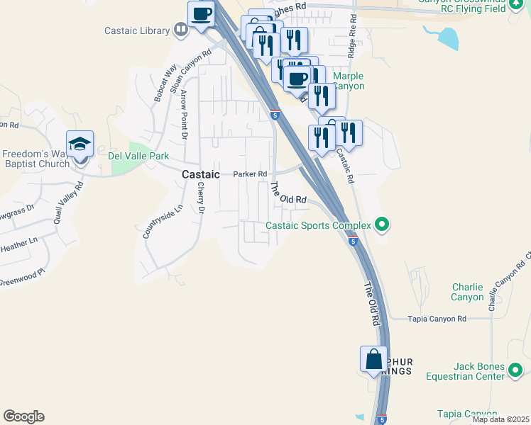 map of restaurants, bars, coffee shops, grocery stores, and more near 31311 North Lakehills Road in Castaic