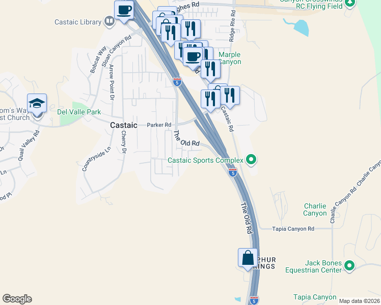 map of restaurants, bars, coffee shops, grocery stores, and more near 31315 The Old Road in Castaic