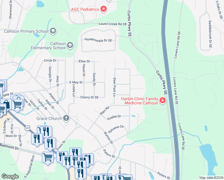 map of restaurants, bars, coffee shops, grocery stores, and more near 111 Deer Park Lane in Calhoun