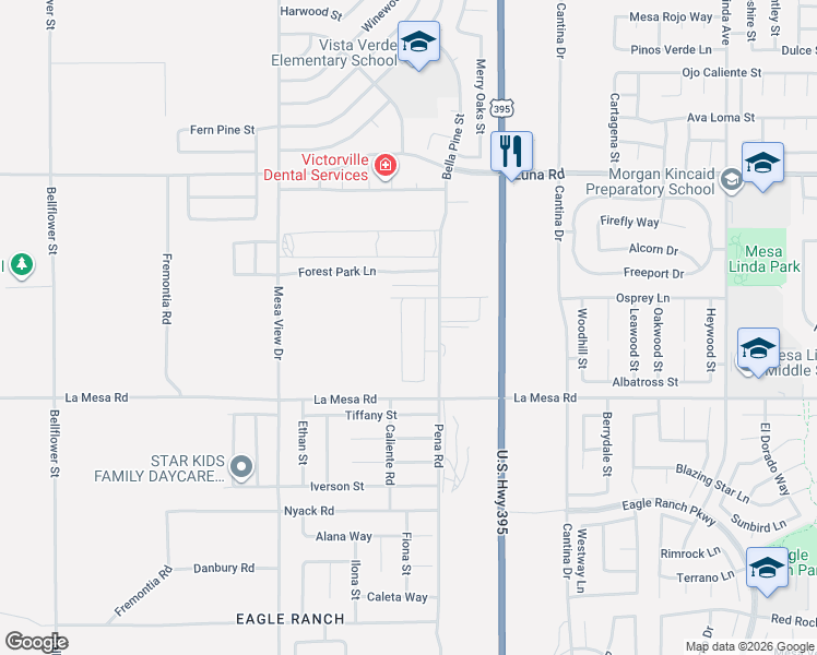 map of restaurants, bars, coffee shops, grocery stores, and more near 11926 Tiffany Street in Victorville