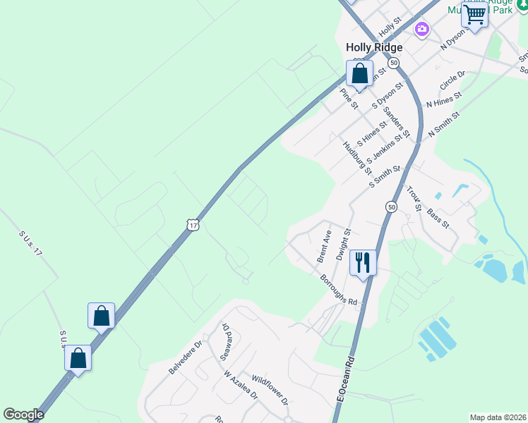 map of restaurants, bars, coffee shops, grocery stores, and more near 120 Sages Ridge Drive in Holly Ridge