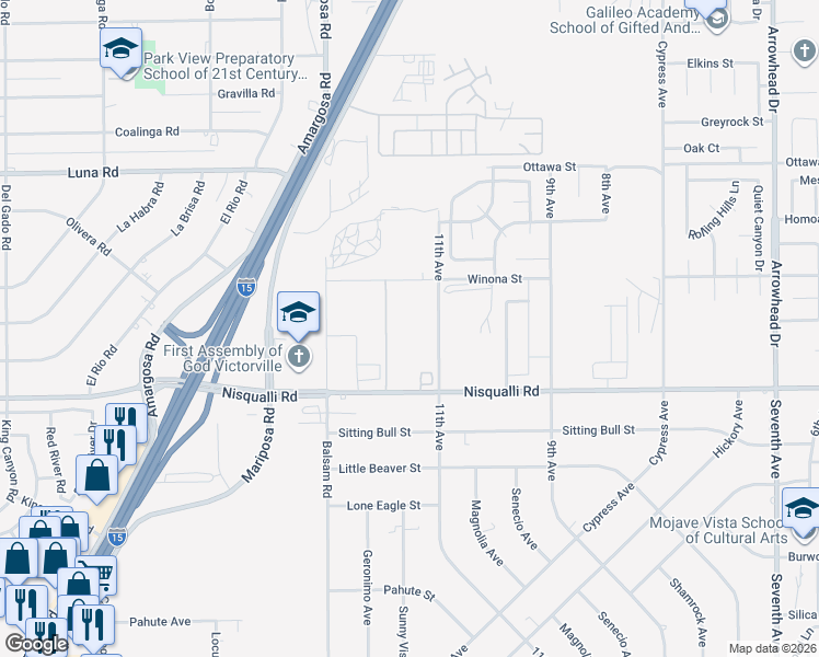 map of restaurants, bars, coffee shops, grocery stores, and more near 15450 Nisqualli Road in Victorville