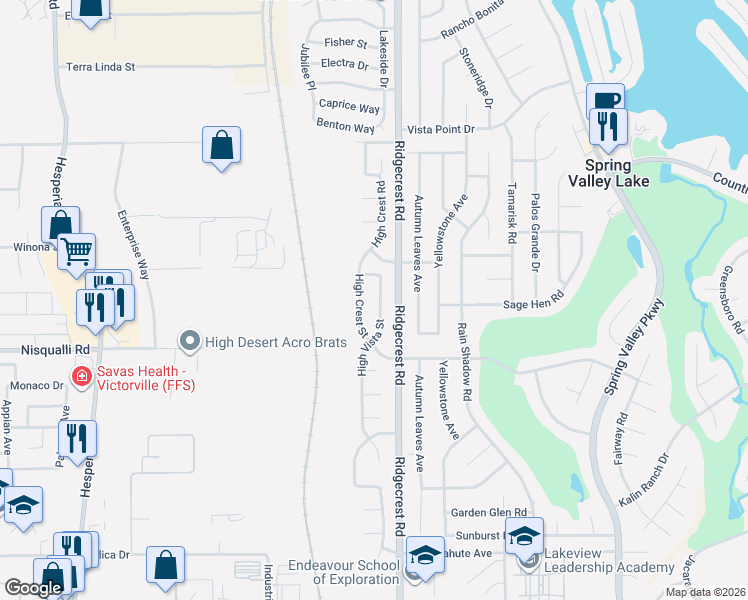 map of restaurants, bars, coffee shops, grocery stores, and more near 13012 High Vista Street in Victorville