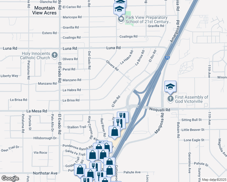 map of restaurants, bars, coffee shops, grocery stores, and more near 14851 La Brisa Road in Victorville