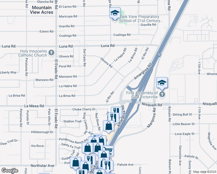 map of restaurants, bars, coffee shops, grocery stores, and more near 14851 La Brisa Road in Victorville