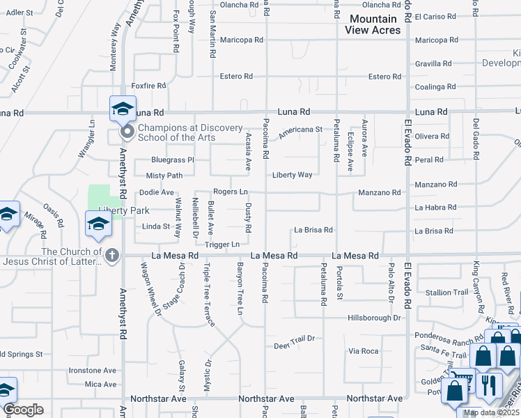 map of restaurants, bars, coffee shops, grocery stores, and more near 14105 Manzano Road in Victorville