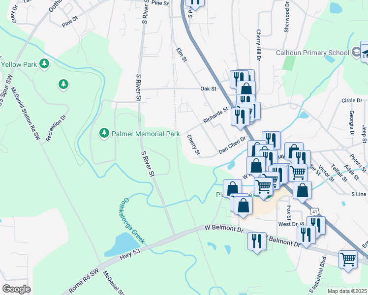 map of restaurants, bars, coffee shops, grocery stores, and more near 310 Richards Street in Calhoun