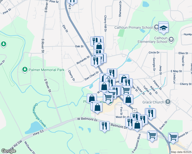 map of restaurants, bars, coffee shops, grocery stores, and more near 801 South Wall Street in Calhoun