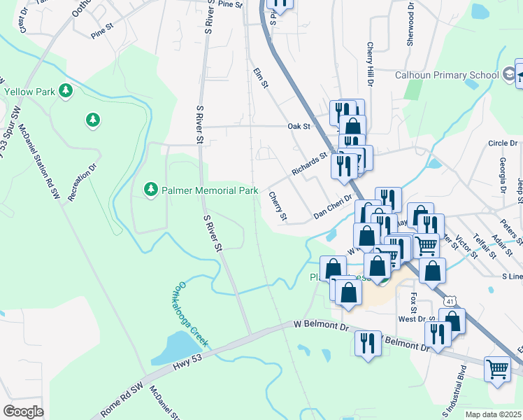 map of restaurants, bars, coffee shops, grocery stores, and more near 310 Richards Street in Calhoun