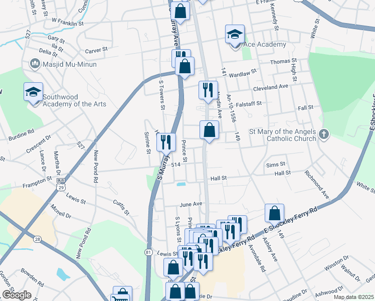 map of restaurants, bars, coffee shops, grocery stores, and more near 1806 South Murray Avenue in Anderson