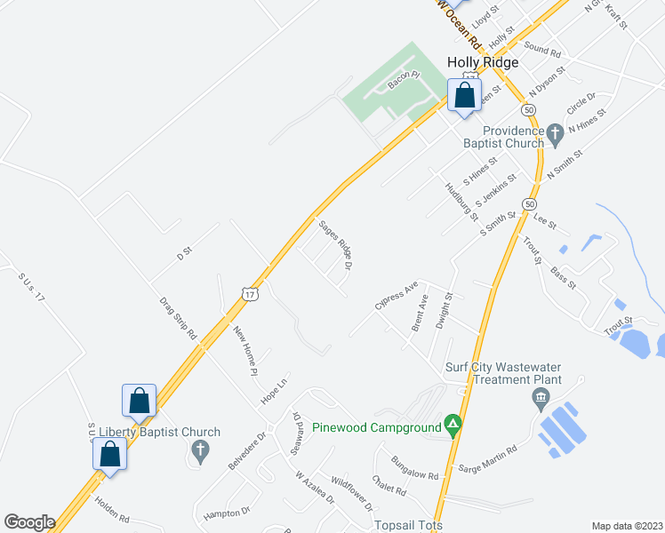 map of restaurants, bars, coffee shops, grocery stores, and more near Ridgeway Lane in Holly Ridge