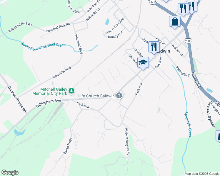 map of restaurants, bars, coffee shops, grocery stores, and more near 215 Parker Street in Baldwin
