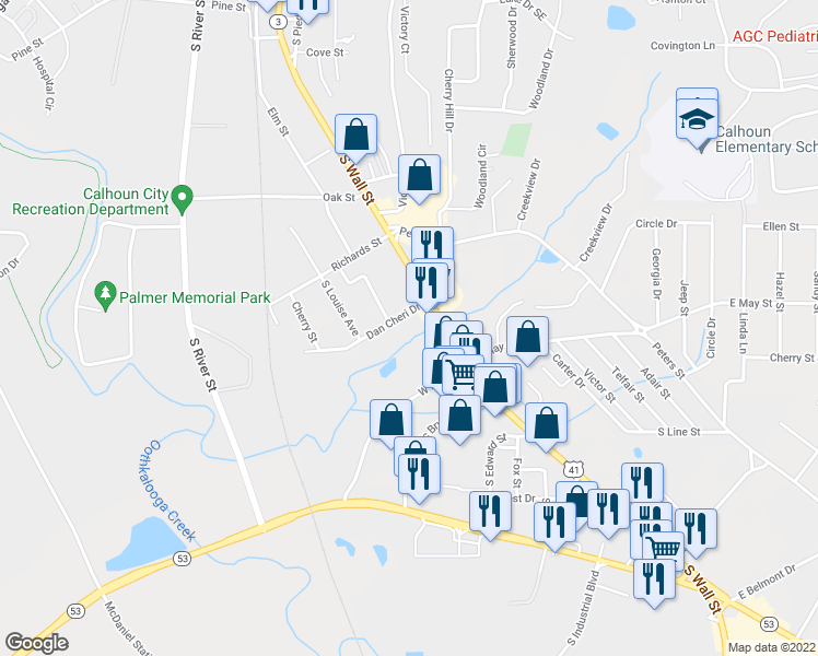 map of restaurants, bars, coffee shops, grocery stores, and more near 100 Dan Cheri Drive in Calhoun