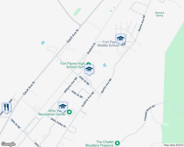 map of restaurants, bars, coffee shops, grocery stores, and more near 201 45th Street Northeast in Fort Payne