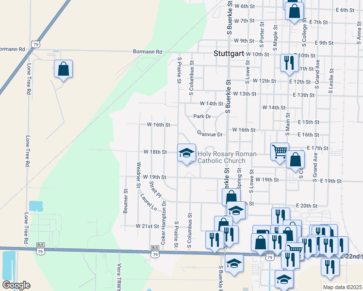 map of restaurants, bars, coffee shops, grocery stores, and more near 1610 South Prairie Street in Stuttgart