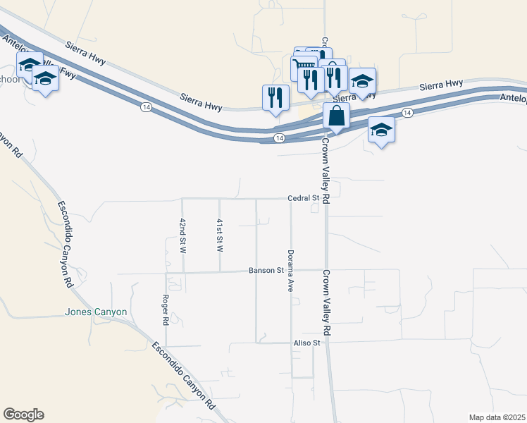 map of restaurants, bars, coffee shops, grocery stores, and more near 33218 Acklins Avenue in Acton