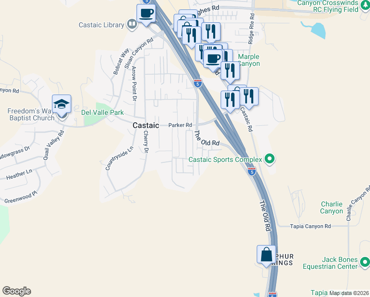 map of restaurants, bars, coffee shops, grocery stores, and more near 31323 North Bluesky Way in Castaic