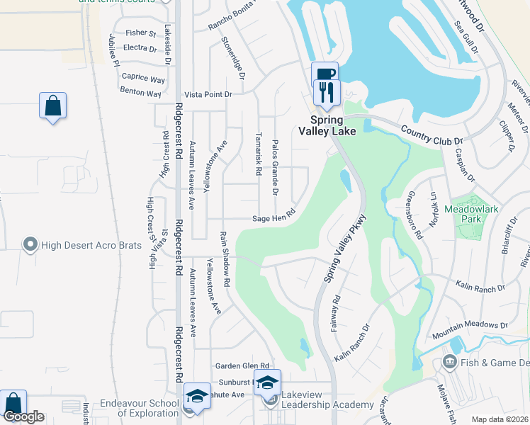 map of restaurants, bars, coffee shops, grocery stores, and more near 13030 Palos Grande Drive in Spring Valley Lake