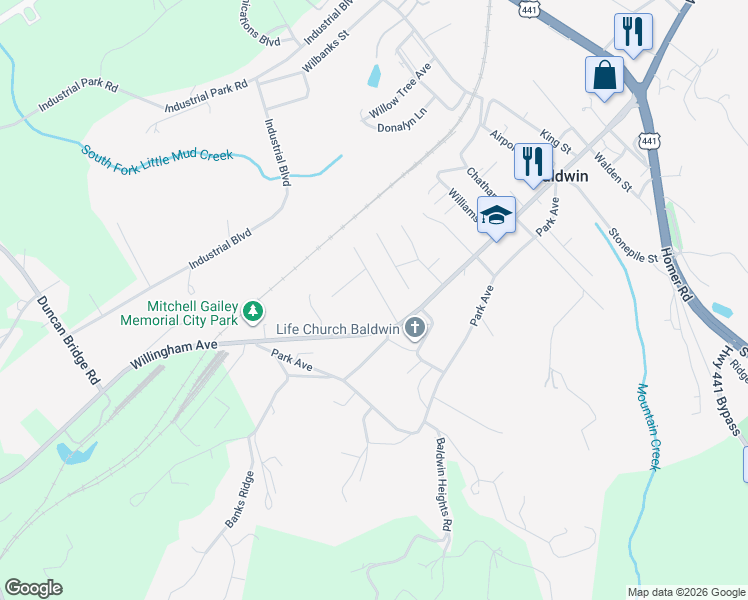 map of restaurants, bars, coffee shops, grocery stores, and more near 215 Parker Street in Baldwin