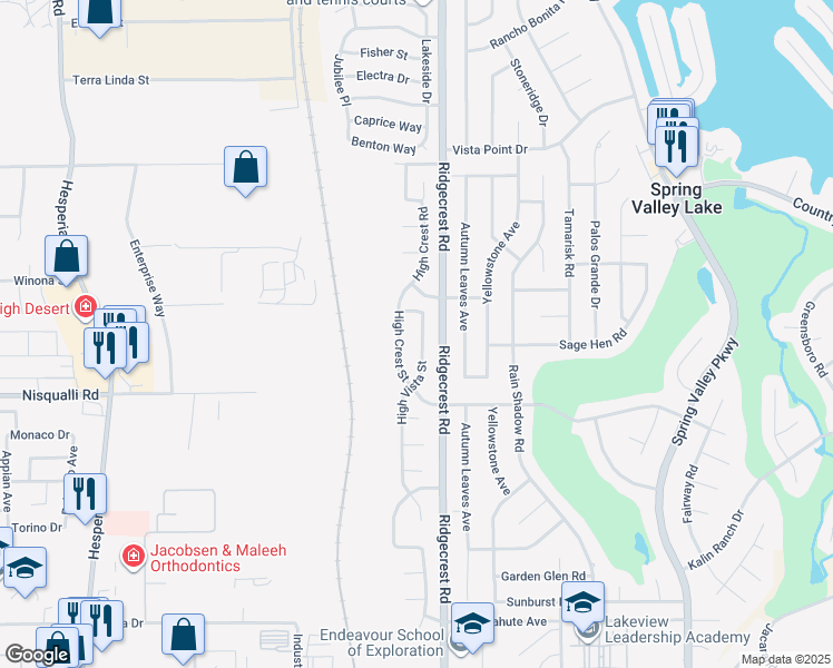 map of restaurants, bars, coffee shops, grocery stores, and more near 13022 High Vista Street in Victorville