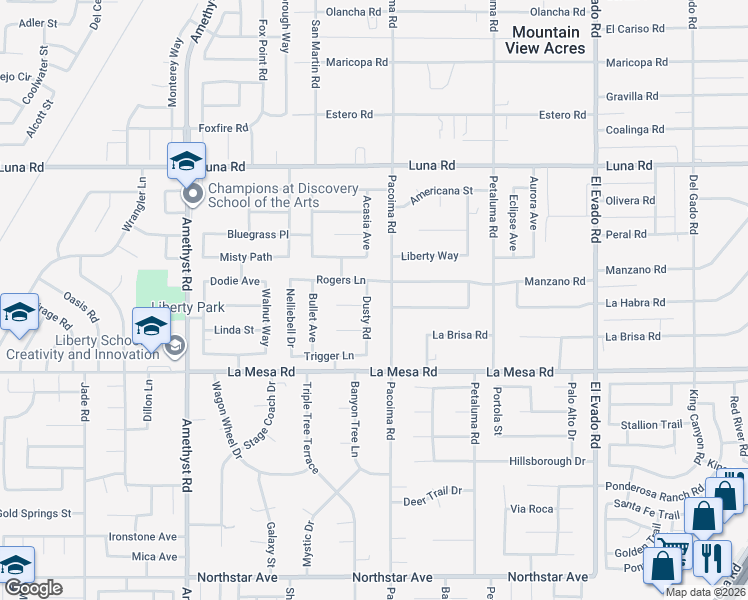 map of restaurants, bars, coffee shops, grocery stores, and more near 14033 Rogers Lane in Victorville