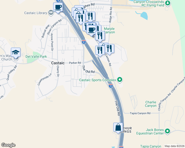 map of restaurants, bars, coffee shops, grocery stores, and more near 31311 The Old Road in Castaic
