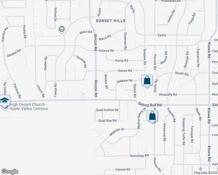 map of restaurants, bars, coffee shops, grocery stores, and more near Modoc Road in Apple Valley