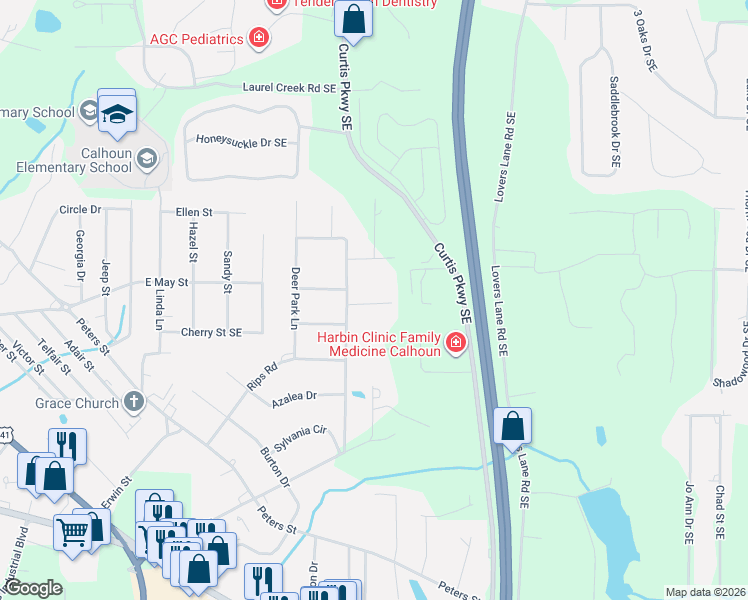 map of restaurants, bars, coffee shops, grocery stores, and more near 105 Oxford Drive in Calhoun