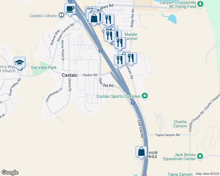 map of restaurants, bars, coffee shops, grocery stores, and more near 31313 The Old Road in Castaic