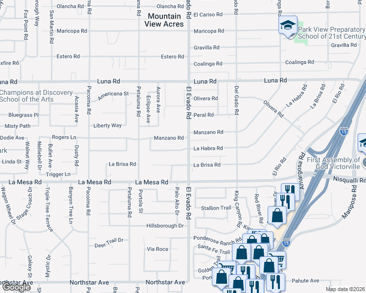 map of restaurants, bars, coffee shops, grocery stores, and more near 14445 Manzano Road in Victorville