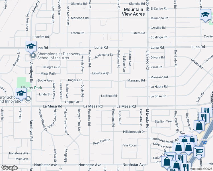 map of restaurants, bars, coffee shops, grocery stores, and more near 14241 Manzano Road in Victorville