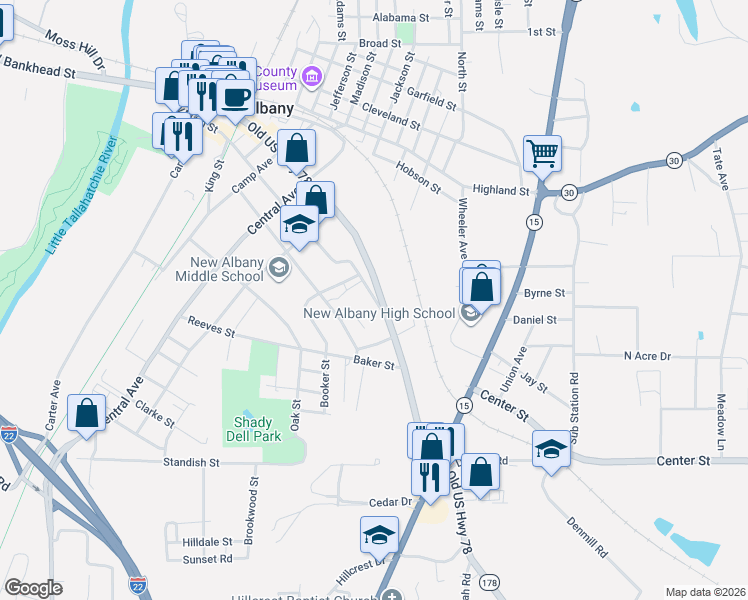 map of restaurants, bars, coffee shops, grocery stores, and more near 400-504 East Bankhead Street in New Albany