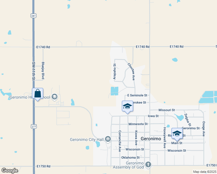 map of restaurants, bars, coffee shops, grocery stores, and more near 112 Arapaho Street in Geronimo