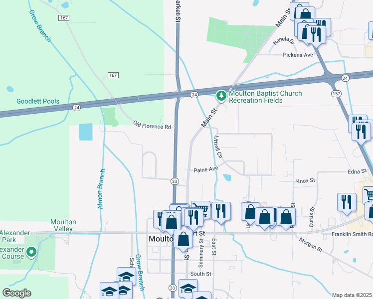 map of restaurants, bars, coffee shops, grocery stores, and more near 1199 Main Street in Moulton