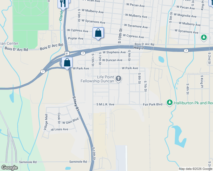 map of restaurants, bars, coffee shops, grocery stores, and more near 1105 Washington in Duncan