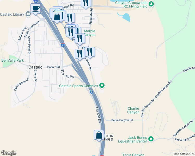 map of restaurants, bars, coffee shops, grocery stores, and more near 31230 Castaic Road in Castaic